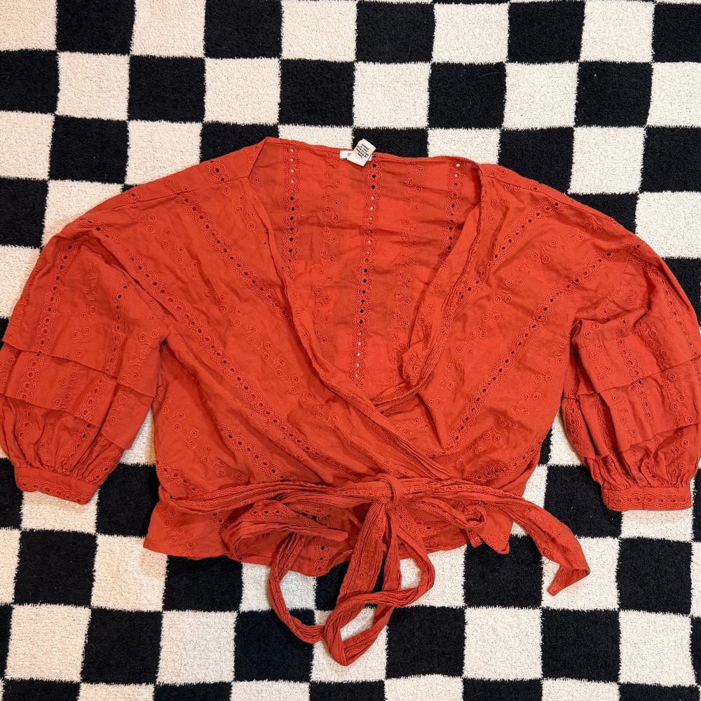 womens forever 21 burnt orange cotton embroidered knit boho tie top size small